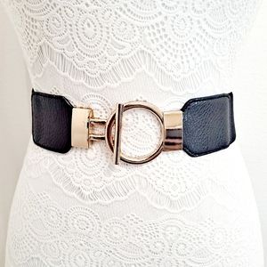 Womenss Black big Gold toggle clasp buckle wide corset elastic stretch waist bel